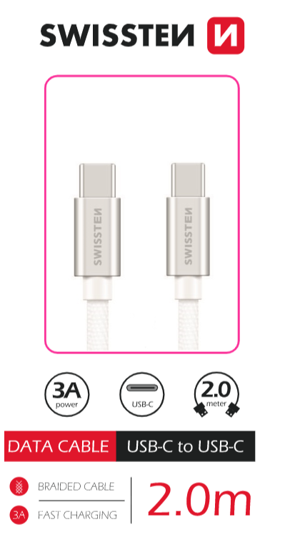Levně Datový kabel Swissten Textile USB-C/USB-C, 2m, stříbrná
