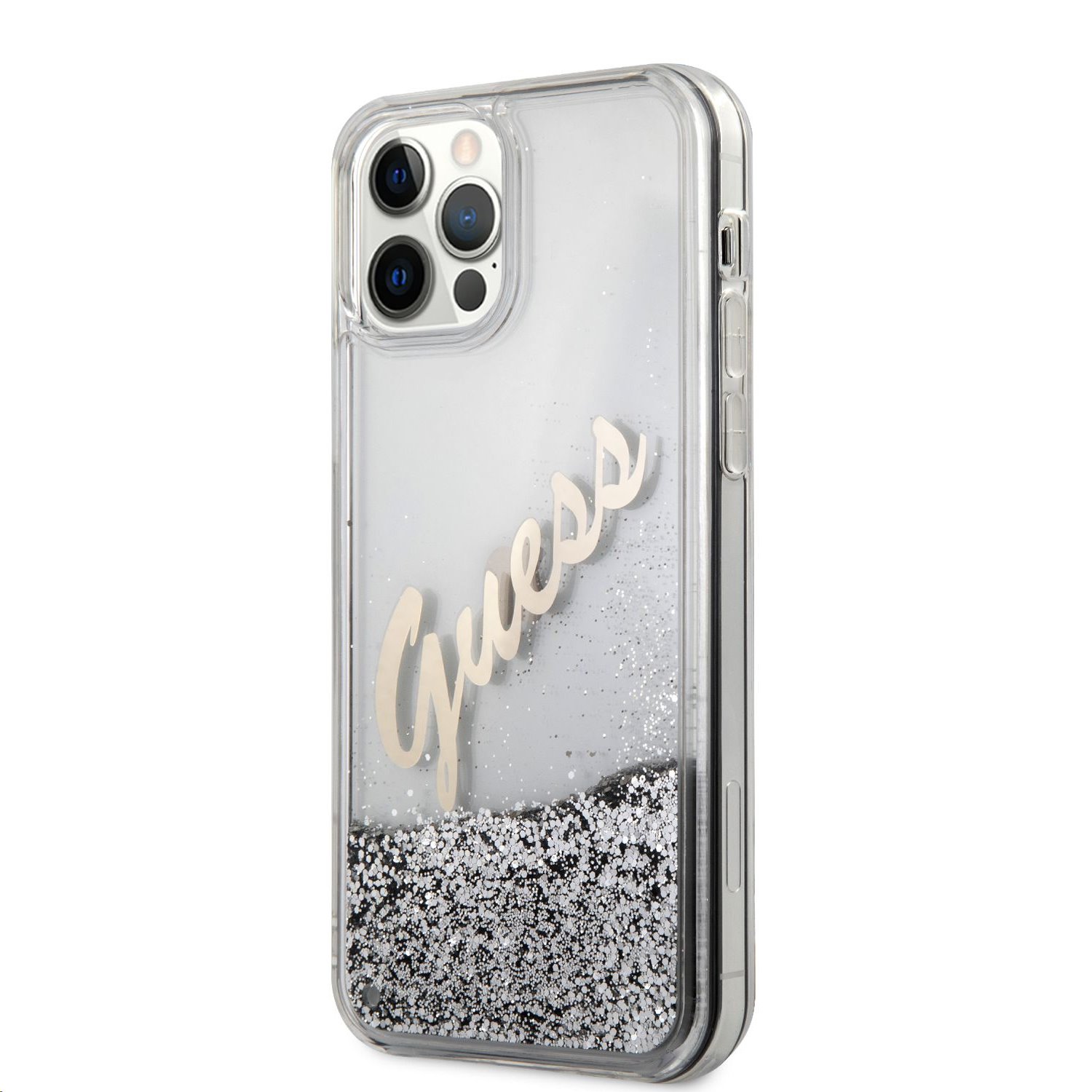 Zadní kryt Guess Liquid Glitter Vintage GUHCP12LGLVSSI pro Apple iPhone 12 Pro Max, stříbrná