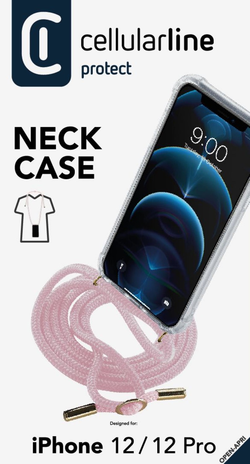 Cellularline Neck-Case zadní kryt čirý pro Apple iPhone 12 Pro, s růžovou šňůrkou