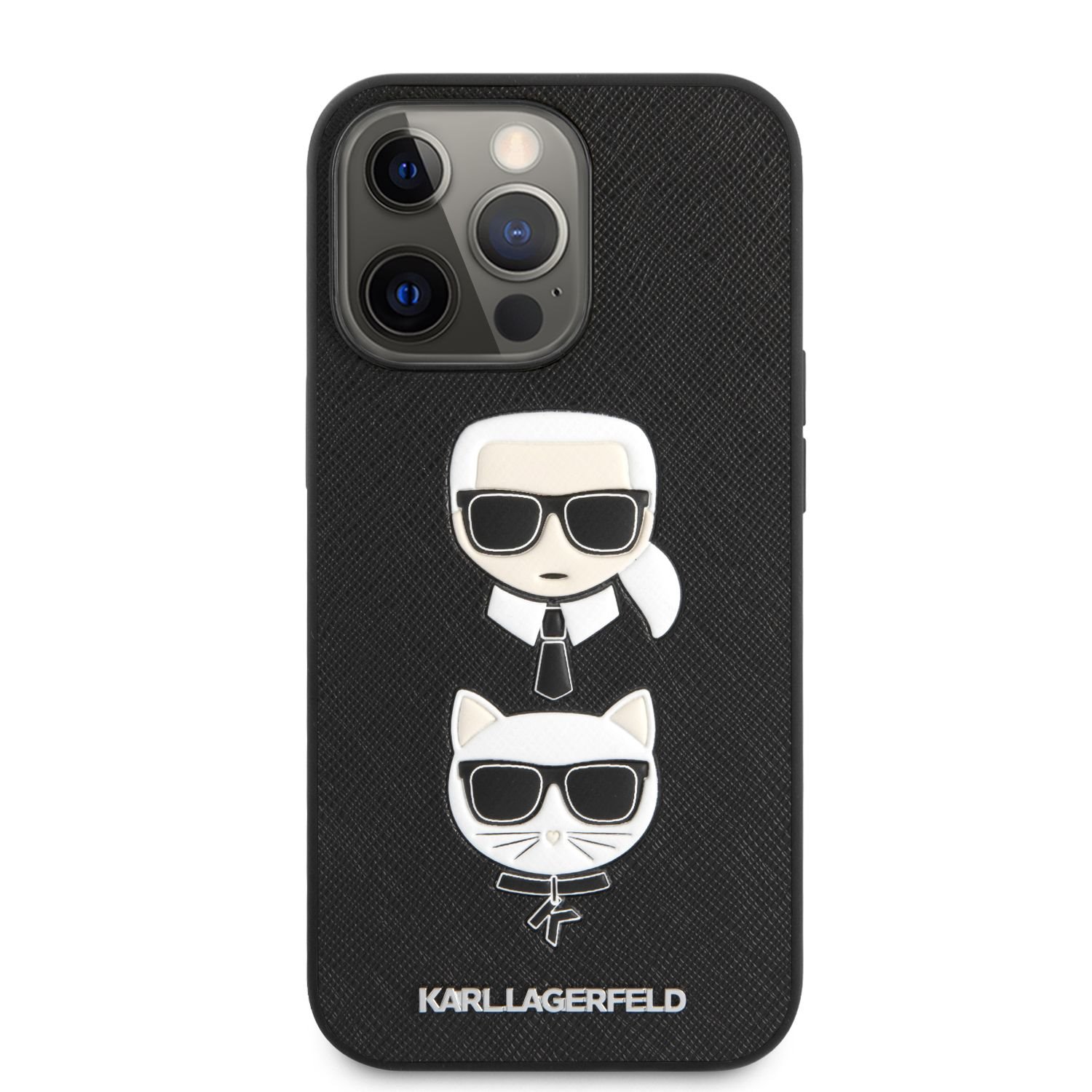 Zadní kryt Karl Lagerfeld PU Saffiano Karl and Choupette Heads KLHCP13LSAKICKCBK pro Apple iPhone 13 Pro, černá