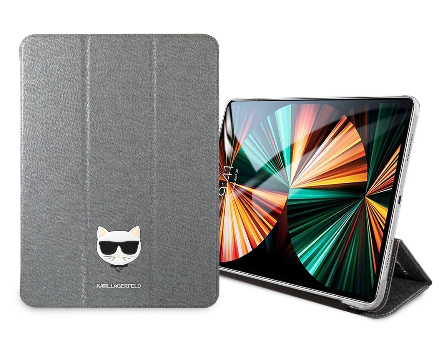 Pouzdro na tablet Karl Lagerfeld Choupette Head Saffiano KLFC12OCHG pro Apple iPad Pro 12.9, stříbrná