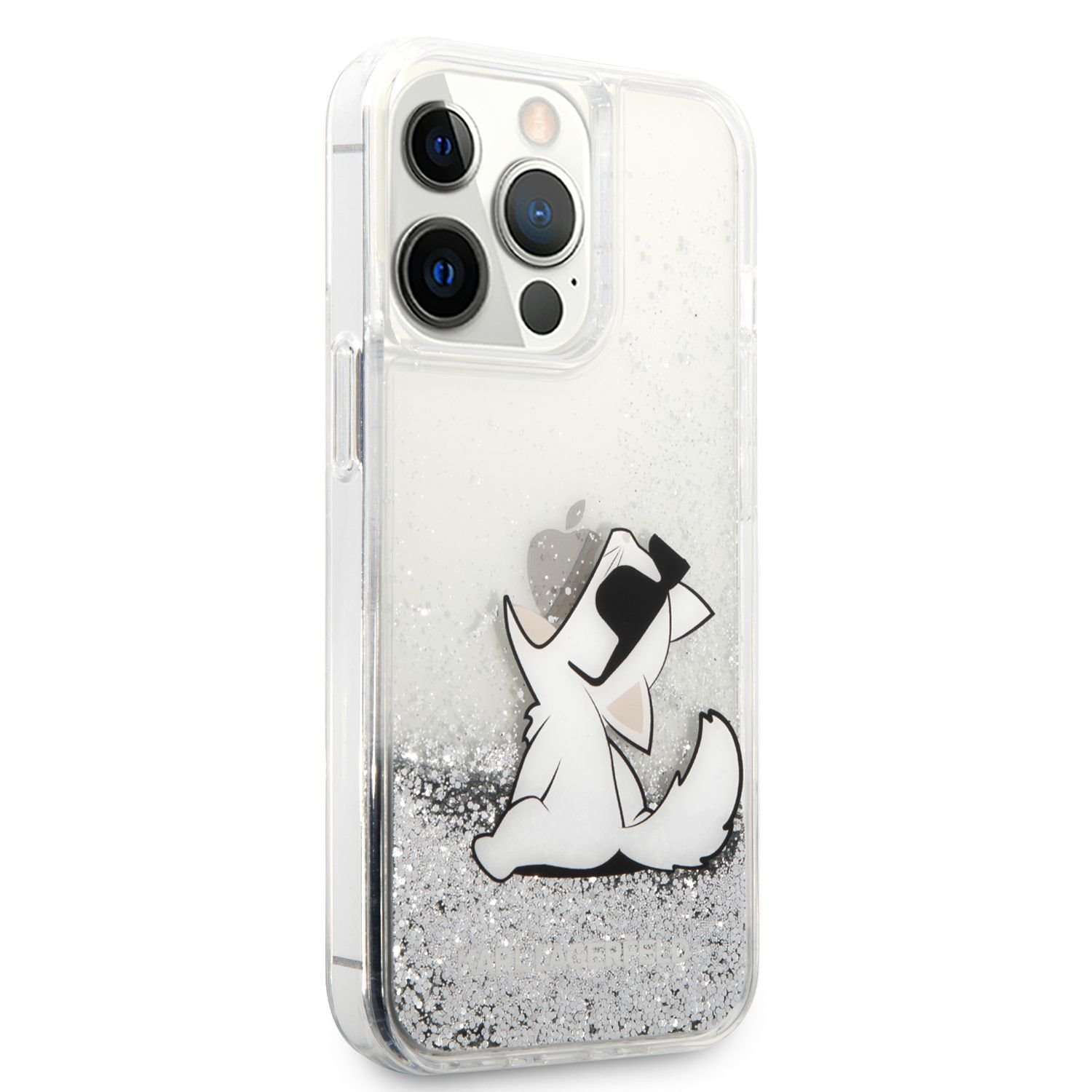 Zadní kryt Karl Lagerfeld Liquid Glitter Choupette Eat KLHCP13XGCFS pro Apple iPhone 13 Pro Max, stříbrná