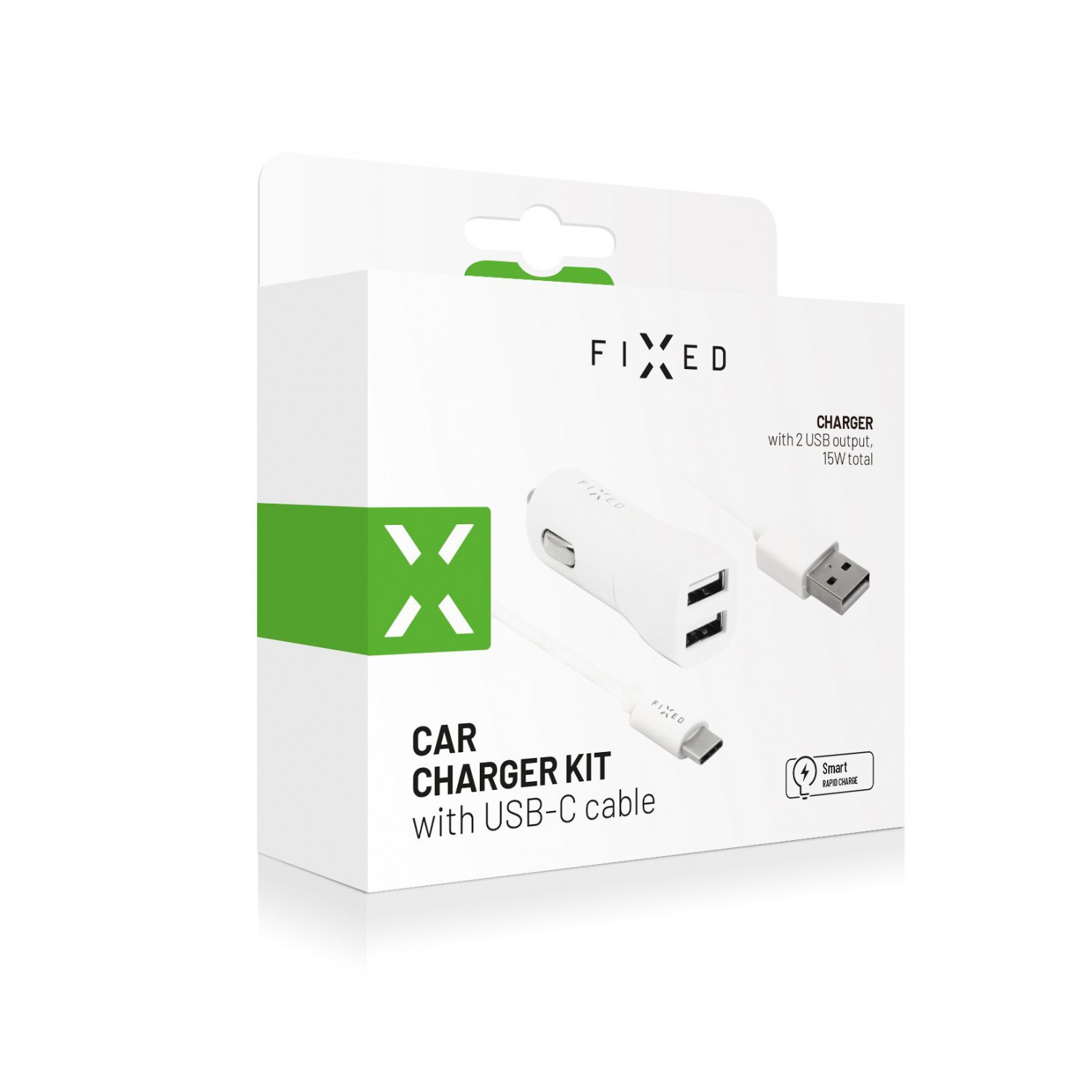 Set autonabíječky FIXED s 2xUSB výstupem a USB/USB-C kabelu, 1m, 15W Smart Rapid Charge, bílá
