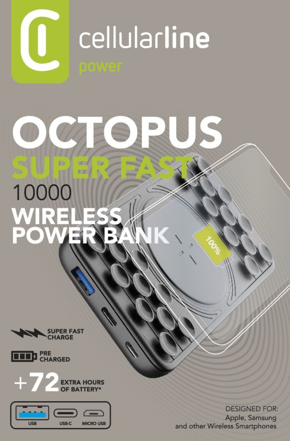 Cellularline Octopus Wireless Powerbank s bezdrátovým nabíjením, 10 000 mAh, černá