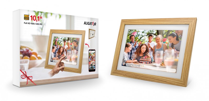Chytrý fotorámeček ALIGATOR FHD 10.1" s aplikací do telefonu, bílá/dřevěná