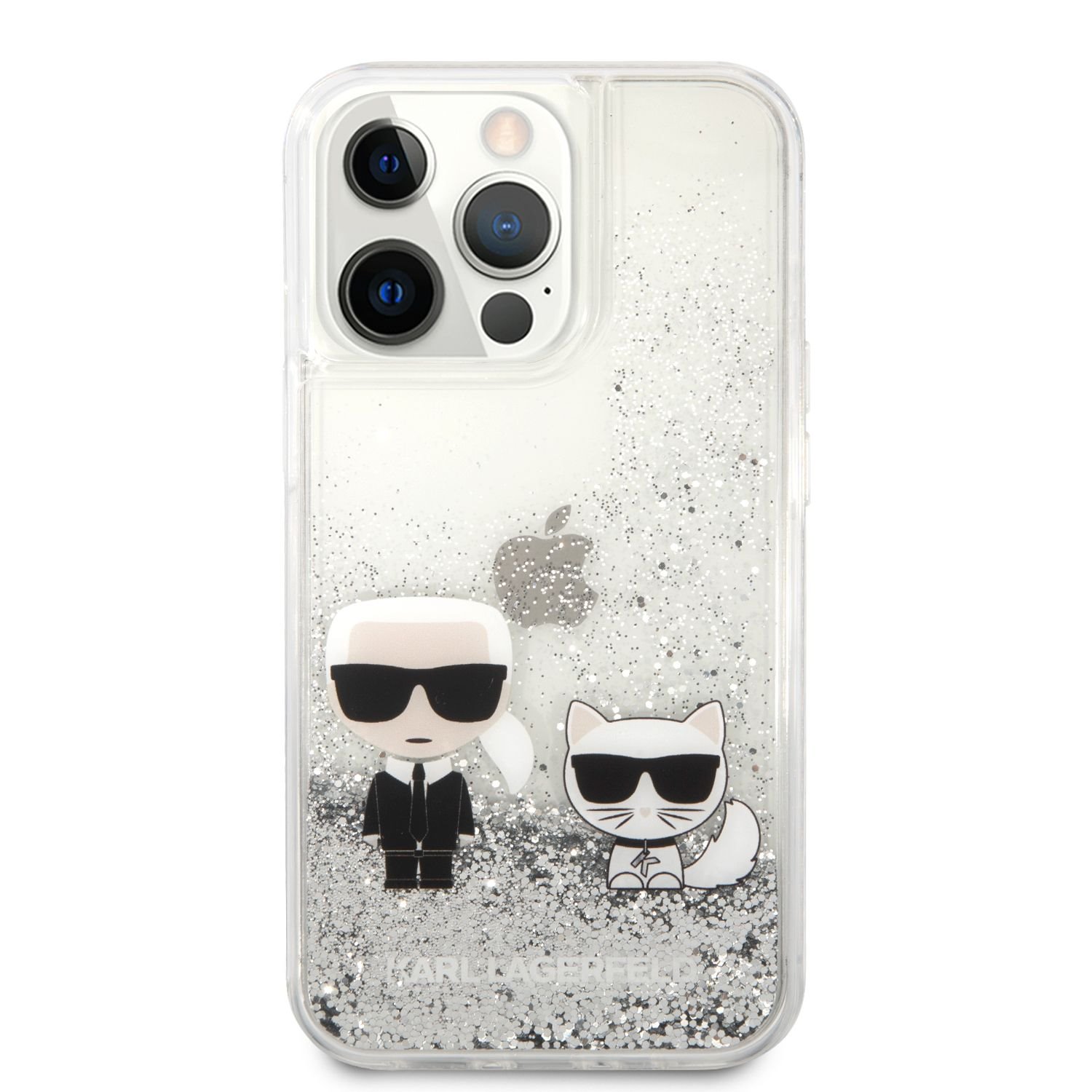 Zadní kryt Karl Lagerfeld Liquid Glitter Karl and Choupette KLHCP13LGKCS Apple iPhone 13 Pro, stříbrná