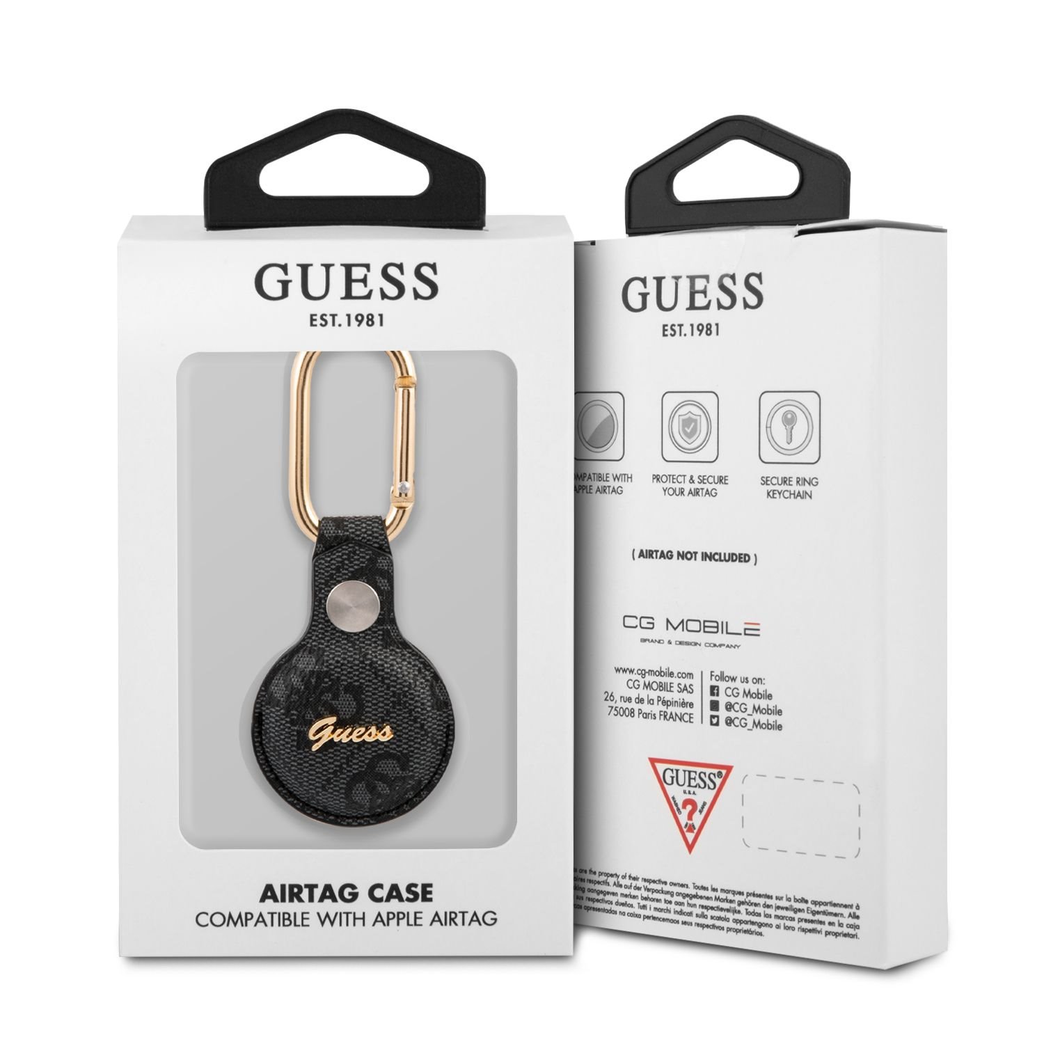 Kožené pouzdro Guess PU 4G Script Dog Clip GUATP4GMSRK pro AirTag, černá