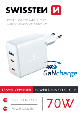 Síťový adaptér Swissten Gan 2X USB-C+ 1xUSB 70W, bílá
