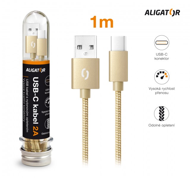 Datový kabel ALIGATOR TUBA 2A, USB-C, zlatá