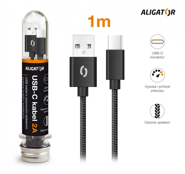 Datový kabel ALIGATOR TUBA 2A, USB-C, černá