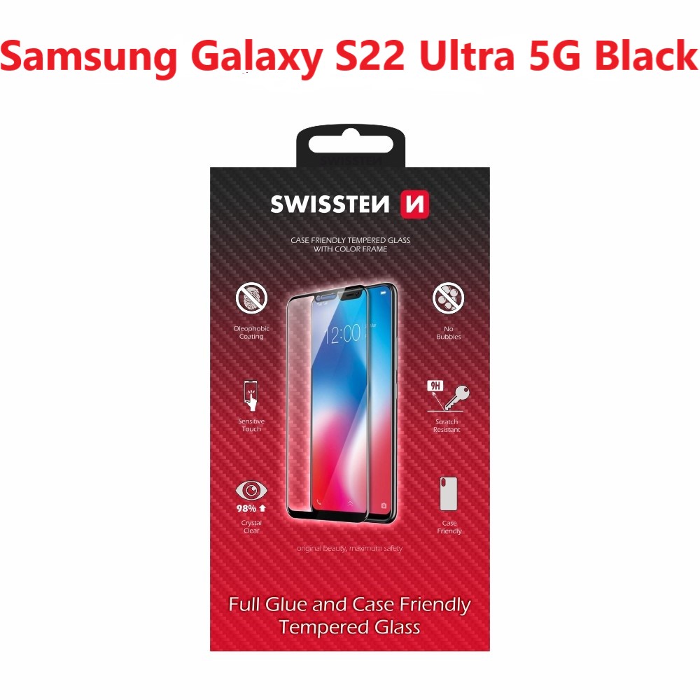 Levně Tvrzené sklo Swissten Full Glue, Color Frame, Case Friendly pro Samsung Galaxy S22 Ultra 5G, černá