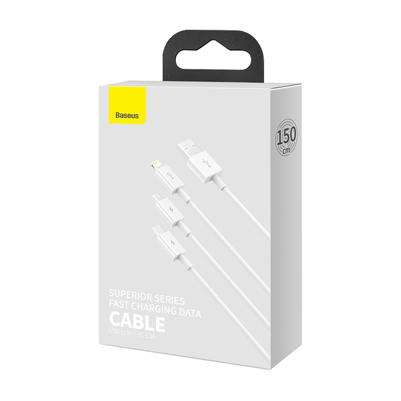 Datový kabel Baseus Superior Series Fast Charging Data Cable USB to M+L+C 3.5A 1.5m, bílá