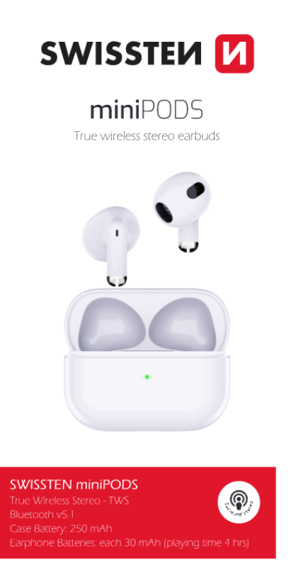Levně Bezdrátová sluchátka Bluetooth TWS Swissten Minipods, bílá