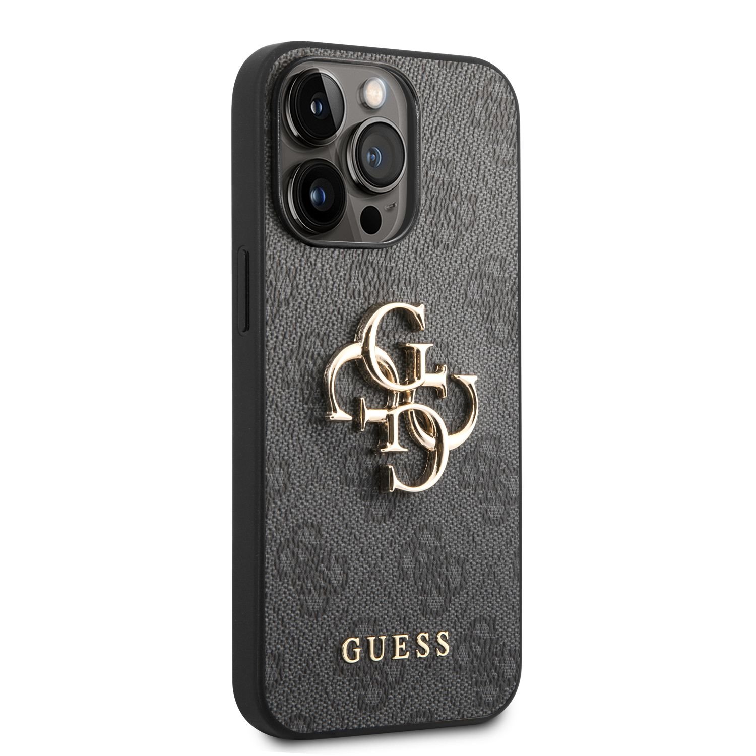 Zadní kryt Guess PU 4G Metal Logo pro Apple iPhone 14 Pro, šedá