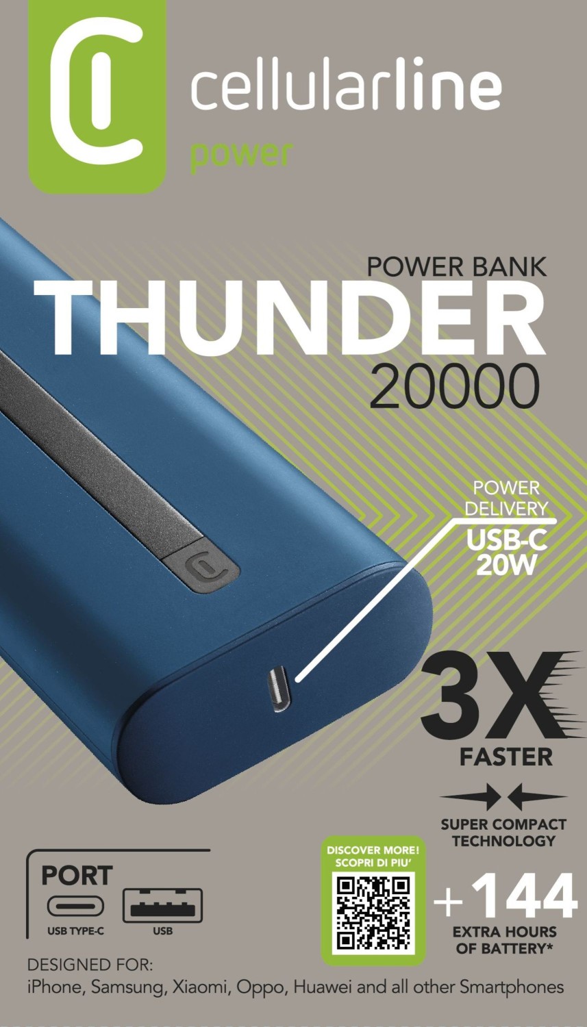 Powerbanka Cellularline Thunder 20000 mAh, modrá