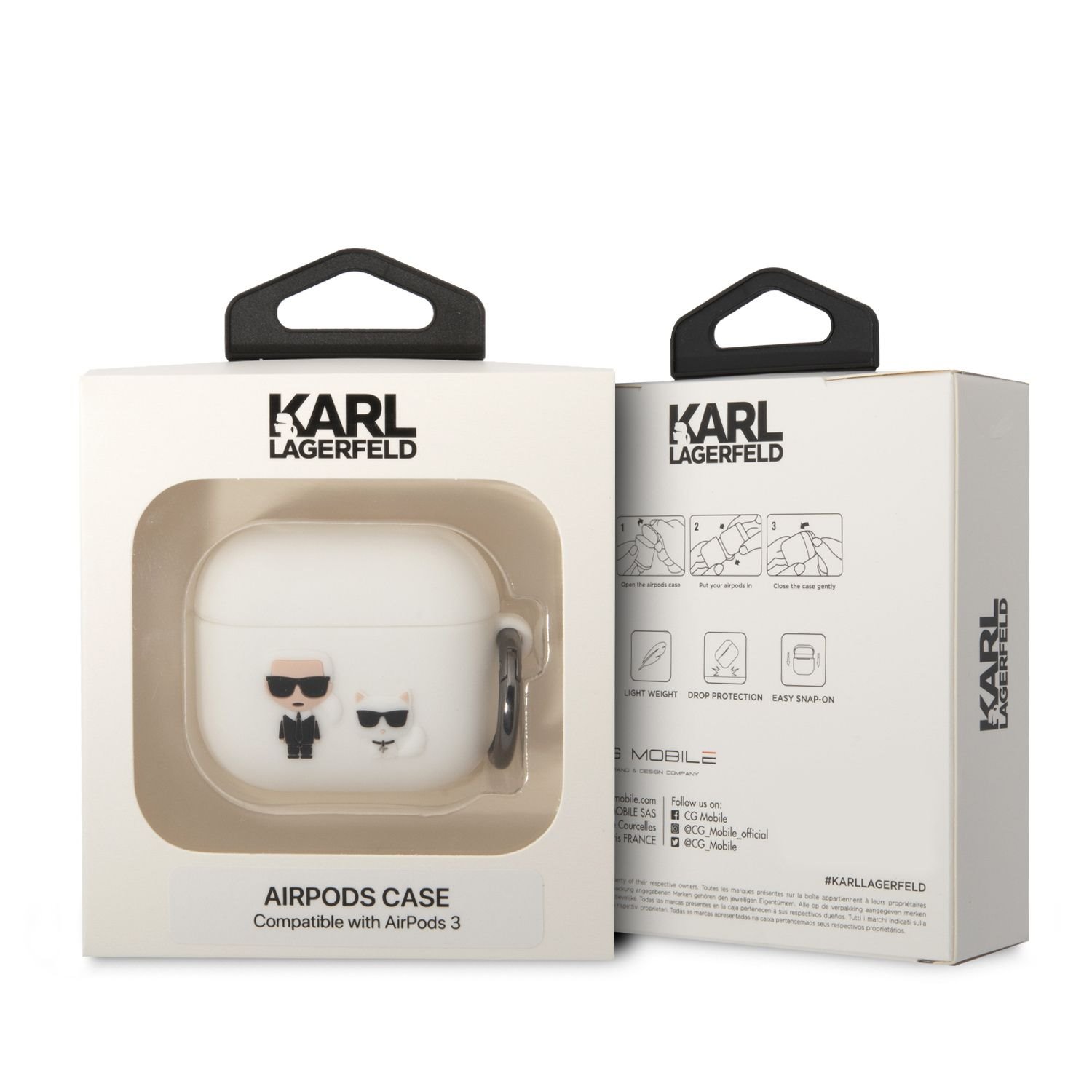Silikonové pouzdro Karl Lagerfeld and Choupette pro Airpods 3, bílá