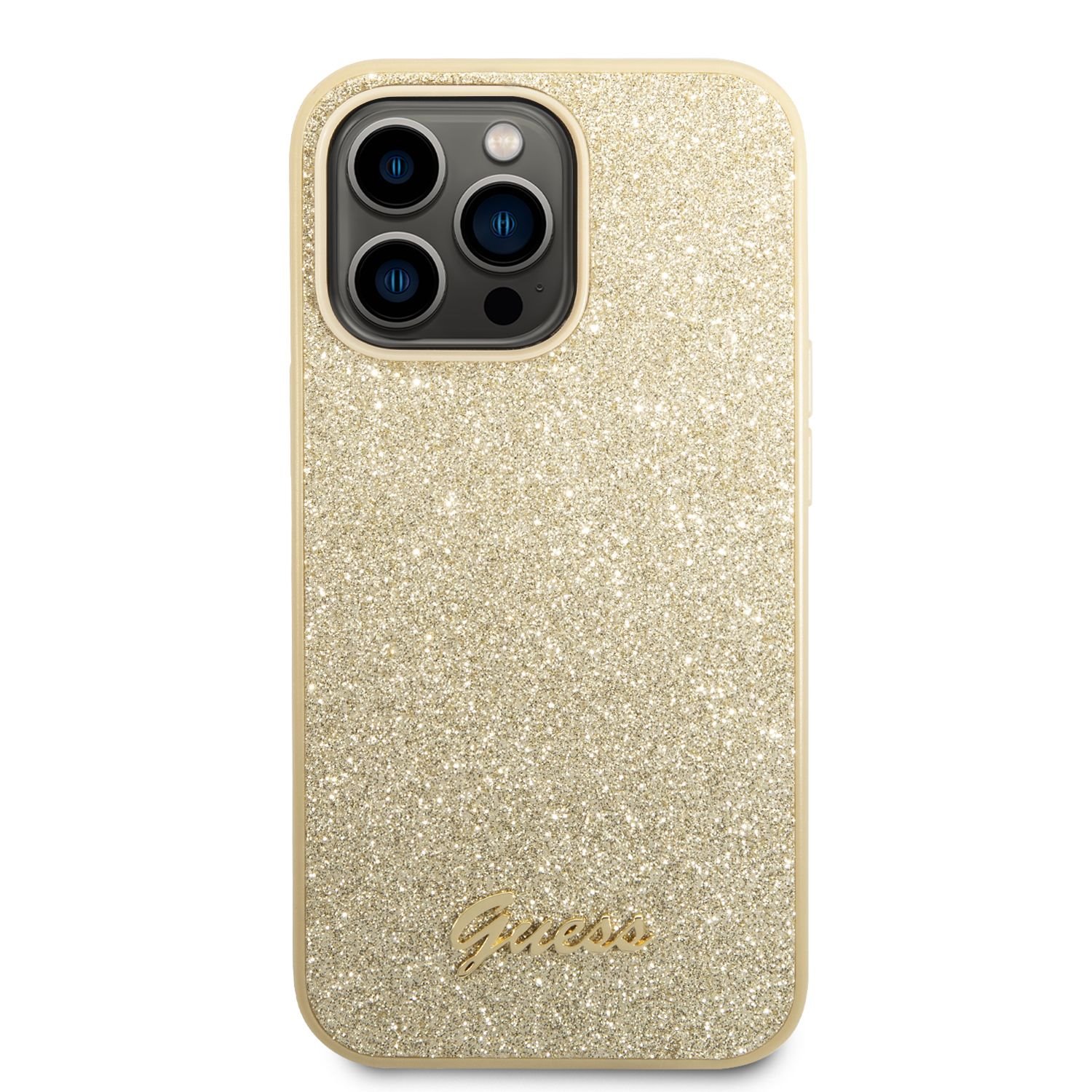 Zadní kryt Guess PC/TPU Glitter Flakes Metal Logo pro Apple iPhone 14 Pro Max, zlatá