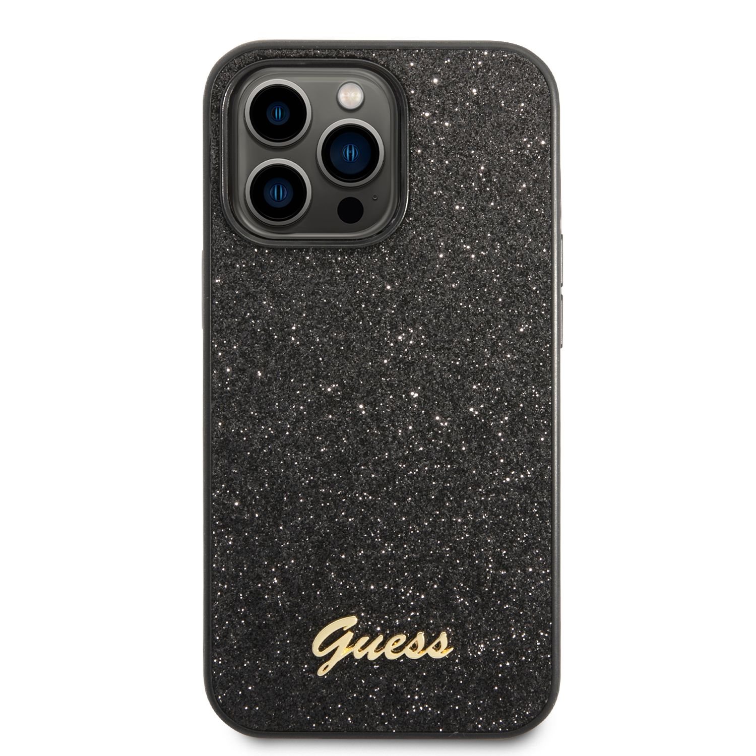 Zadní kryt Guess PC/TPU Glitter Flakes Metal Logo pro Apple iPhone 14 Pro, černá