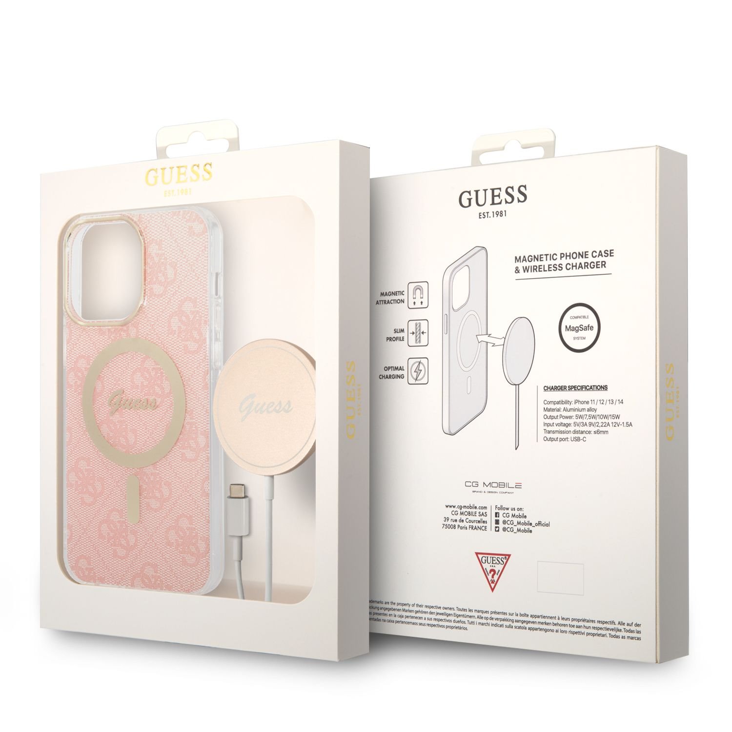 Guess 4G MagSafe Kompatibilní Zadní Kryt + Bezdrátová Nabíječka pro iPhone 14 Pro Max Pink