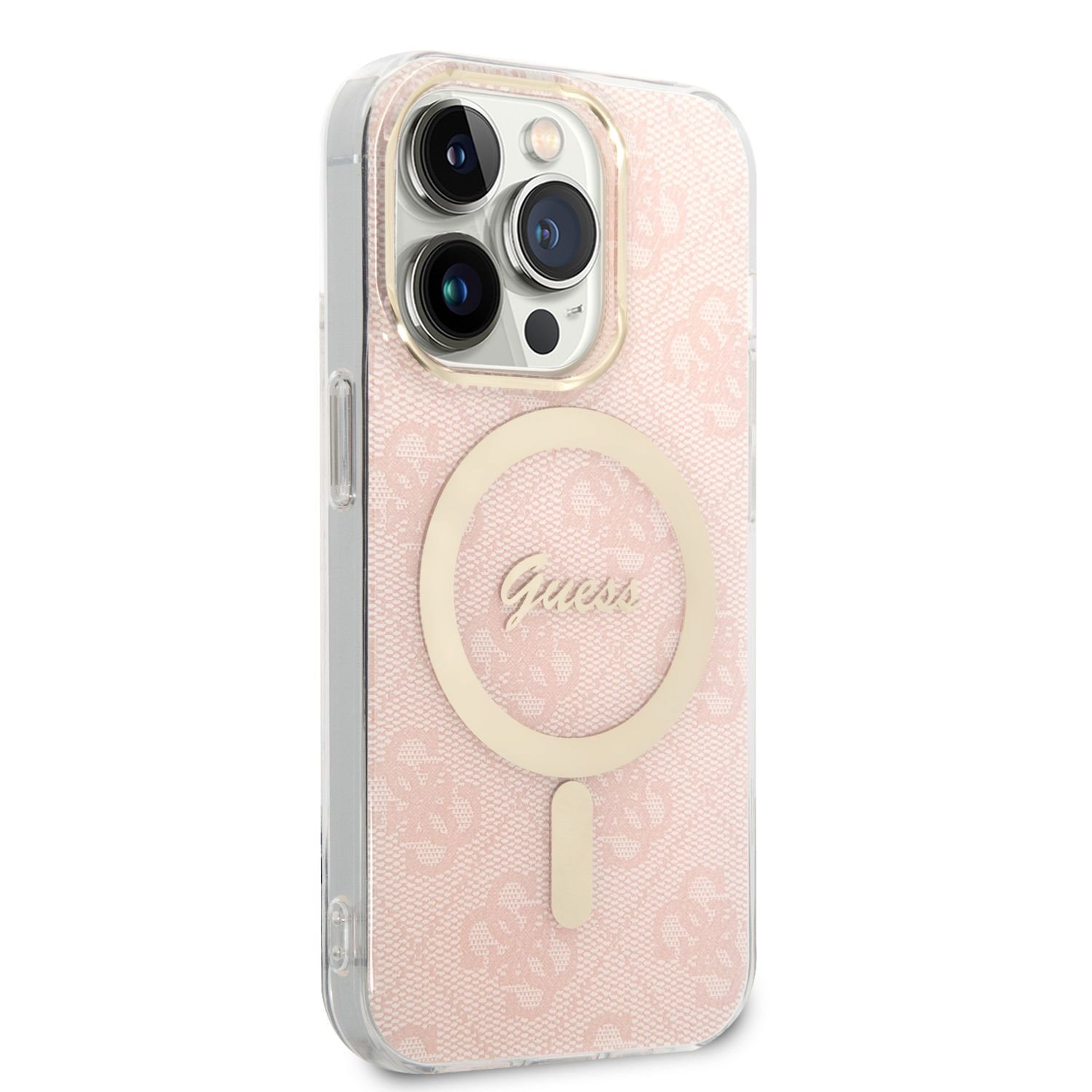 Kompatibilní zadní kryt Guess 4G MagSafe + bezdrátová nabíječka pro Apple iPhone 14 Pro, růžová
