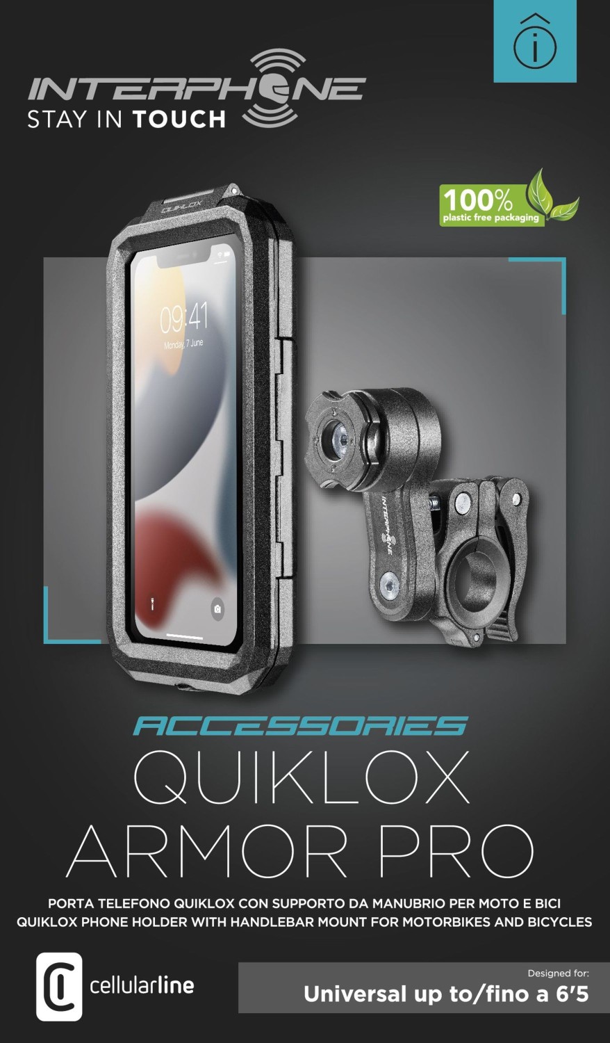 Univerzální voděodolné pouzdro Interphone Armor Pro, úchyt na řídítka QUIKLOX, max. 6,5", černá