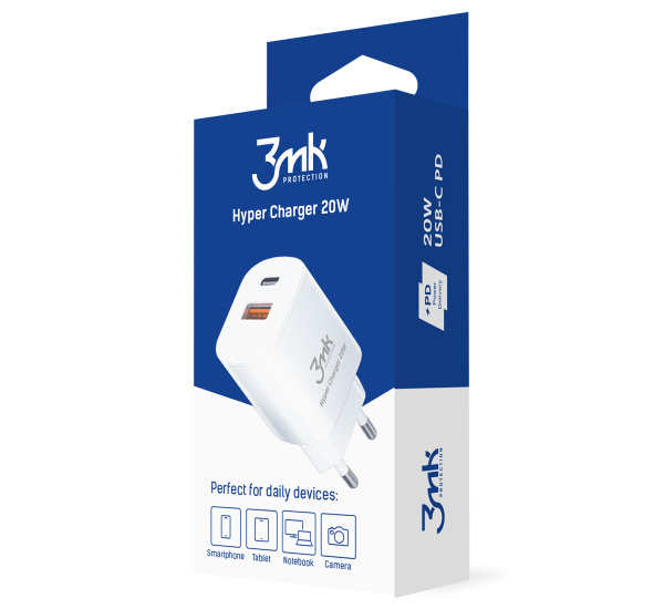 Levně Nabíječka cestovní 3mk Hyper Charger 20W, 1x USB-C (PD) / 1x USB, bílá