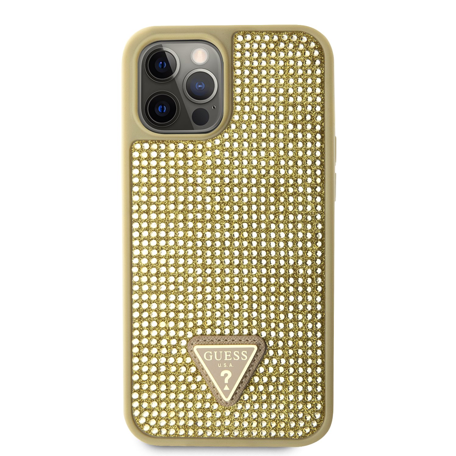 Levně Zadní kryt Guess Rhinestones Triangle Metal Logo pro Apple iPhone 12 Pro Max, zlatá