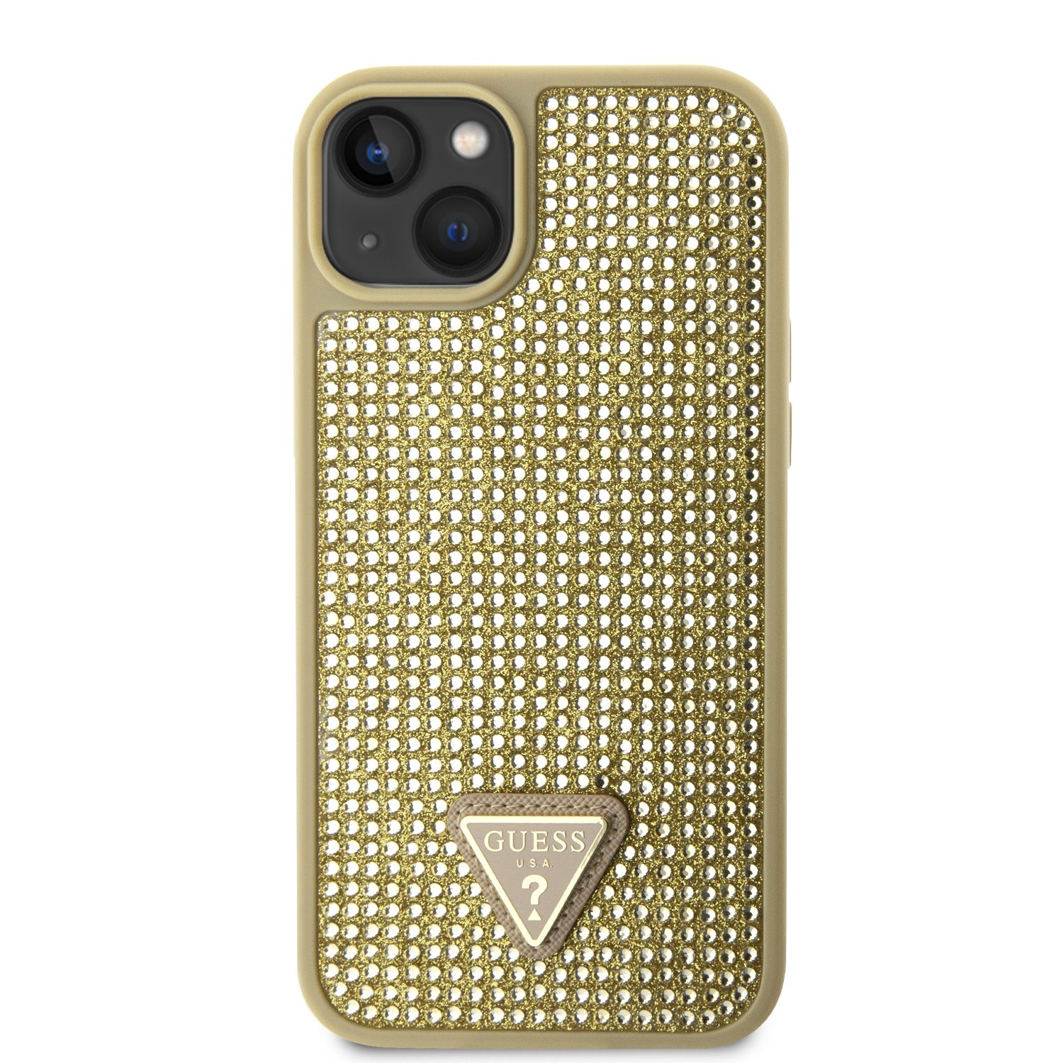 Zadní kryt Guess Rhinestones Triangle Metal Logo pro Apple iPhone 14, zlatá