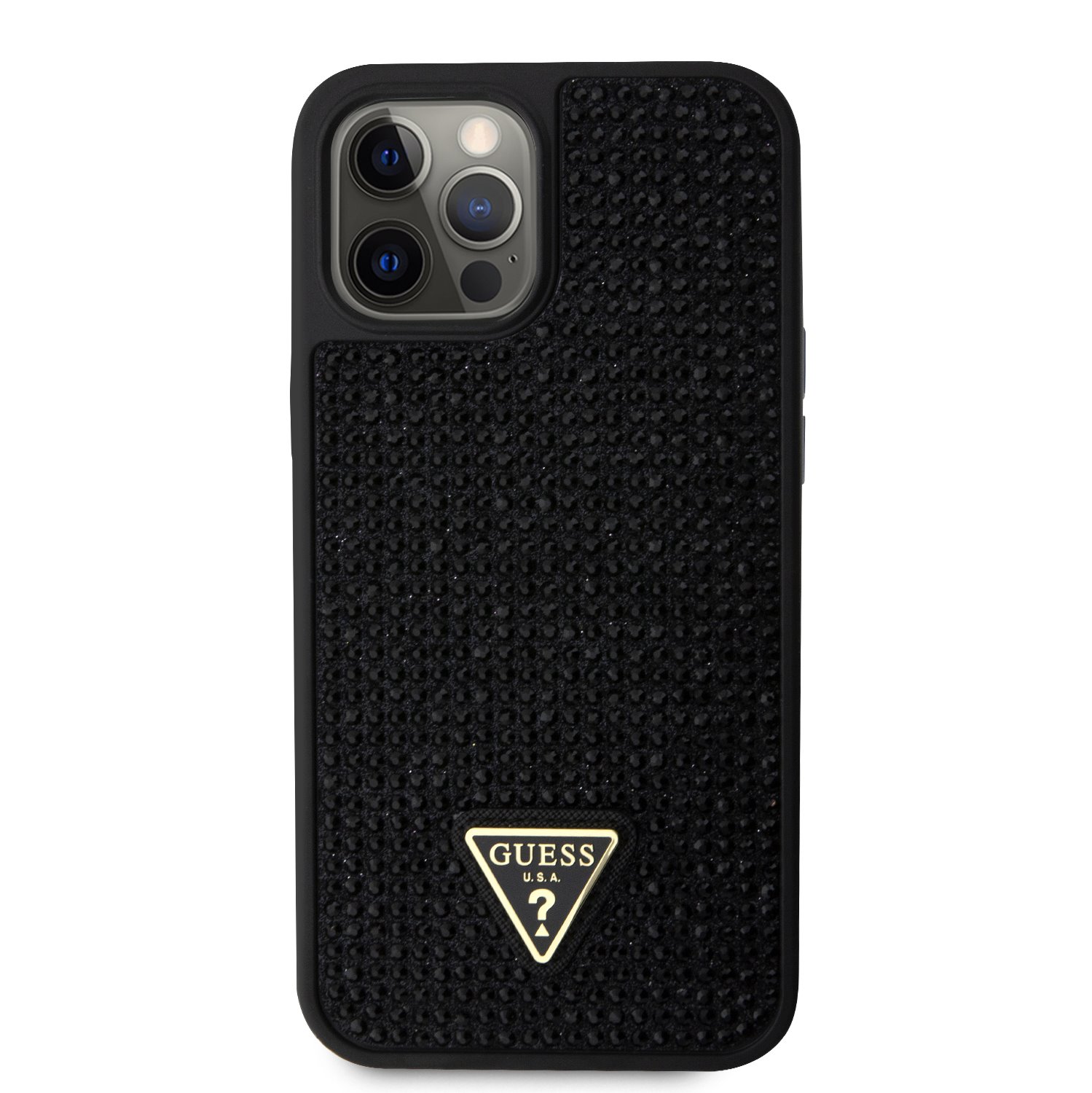Levně Zadní kryt Guess Rhinestones Triangle Metal Logo pro Apple iPhone 12 Pro Max, černá