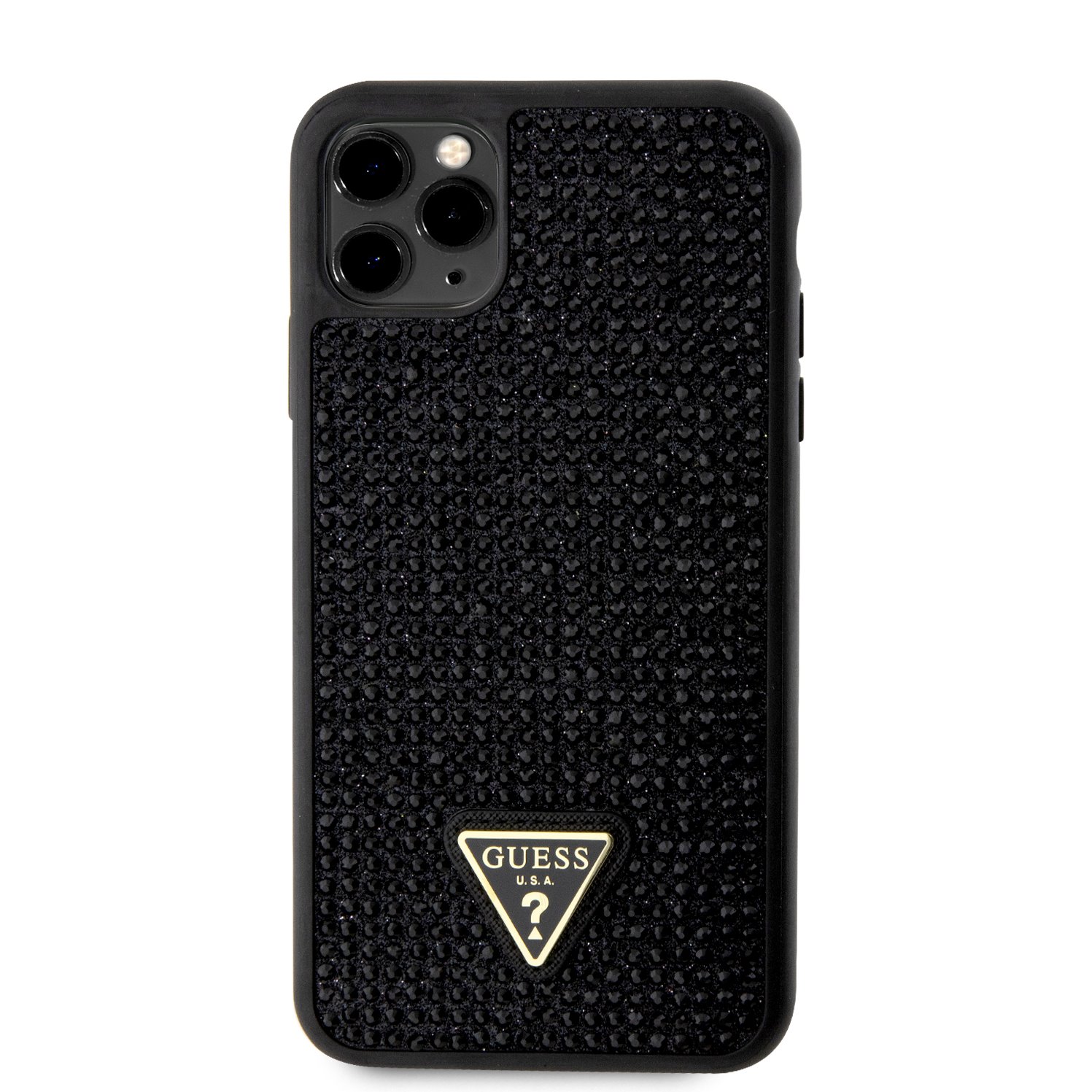 Levně Zadní kryt Guess Rhinestones Triangle Metal Logo pro Apple iPhone 11 Pro Max, černá