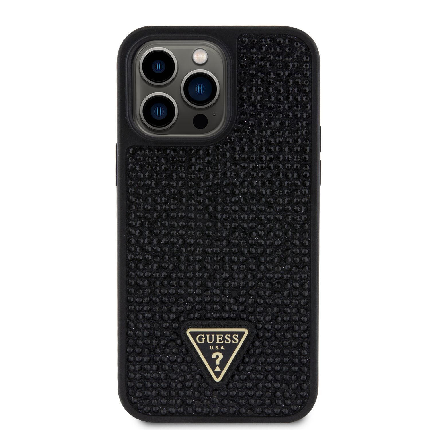 Levně Zadní kryt Guess Rhinestones Triangle Metal Logo pro Apple iPhone 14 Pro Max, černá