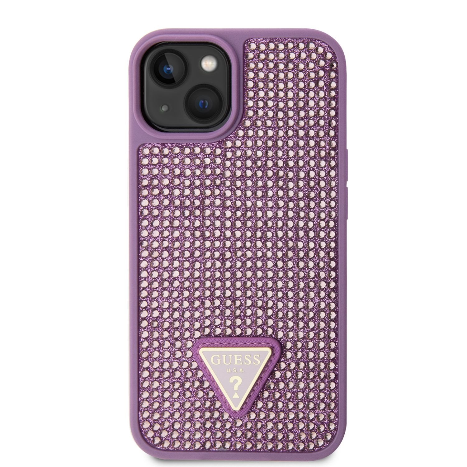 Guess Rhinestones Triangle Metal Logo Kryt pro iPhone 14 Purple