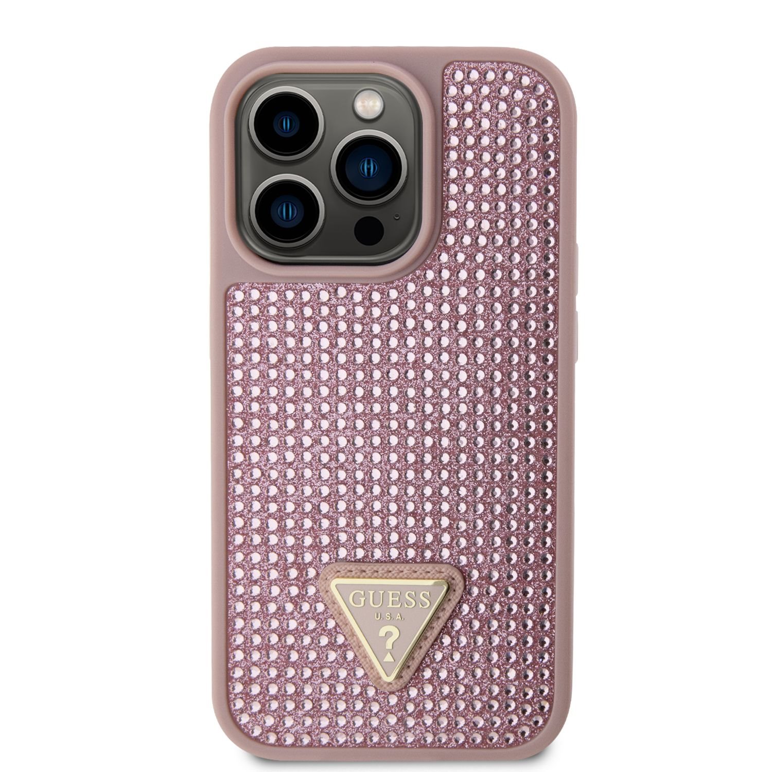Zadní kryt Guess Rhinestones Triangle Metal Logo pro Apple iPhone 14 Pro, růžová
