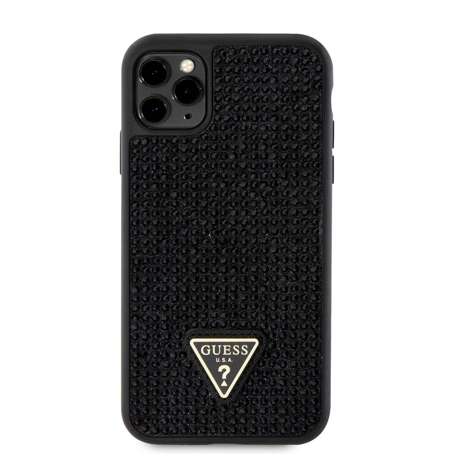 Levně Zadní kryt Guess Rhinestones Triangle Metal Logo pro Apple iPhone 11 Pro, černá