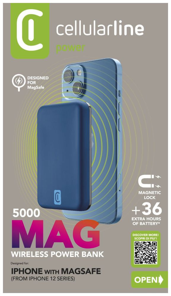 Powerbanka Cellularline MAG 5000 s bezdrátovým nabíjením a podporou MagSafe, 5000 mAh, modrá