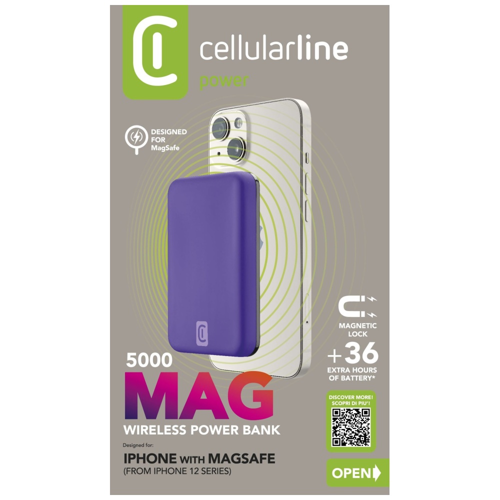 Powerbanka Cellularline MAG 5000 s bezdrátovým nabíjením a podporou Magsafe, 5000 mAh, fialová