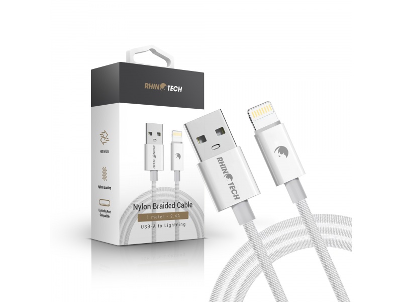 RhinoTech kabel s nylonovým opletem USB-A na Lightning 2,4A 1M bílá