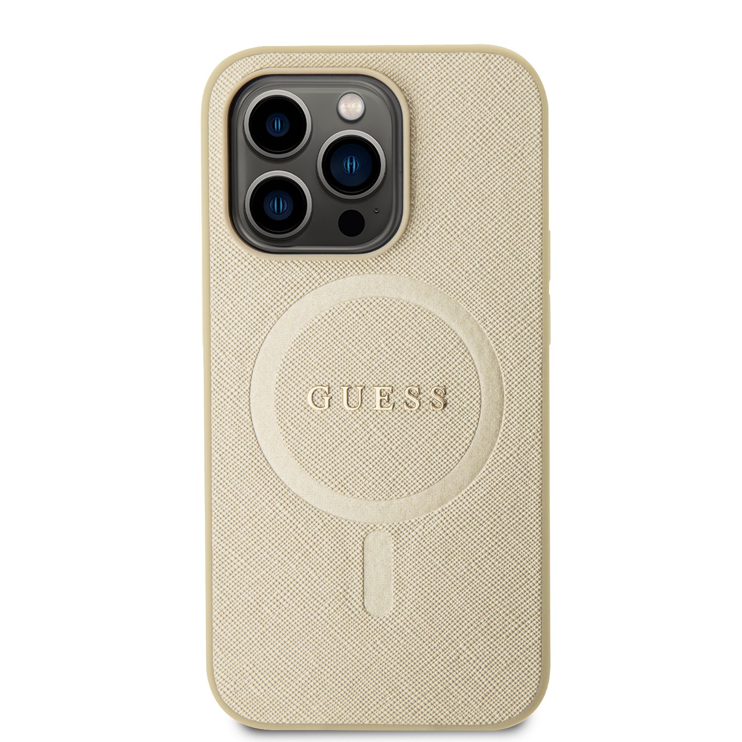 Levně Ochranný kryt Guess Saffiano MagSafe pro Apple iPhone iPhone 15 Pro, béžová