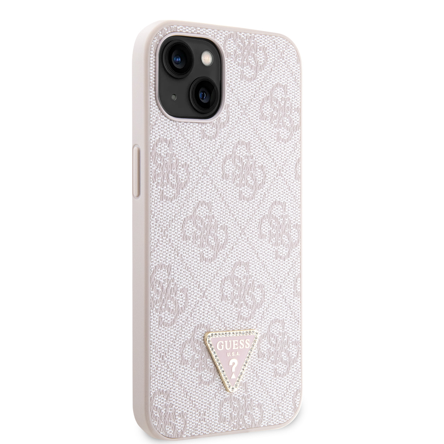 Zadní kryt Guess PU 4G Strass Triangle Metal Logo pro Apple iPhone 15, pink