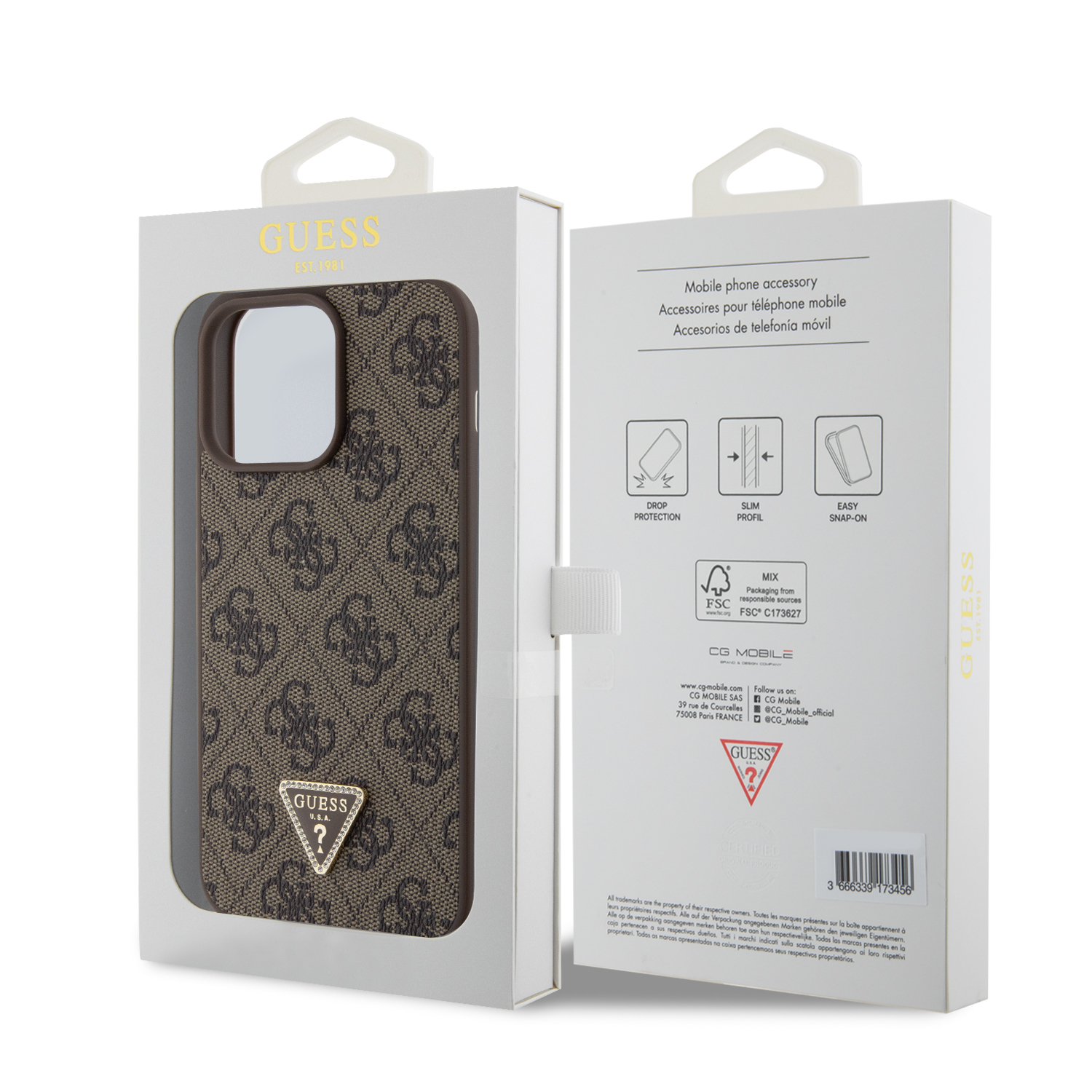 Guess PU 4G Strass Triangle Metal Logo Zadní Kryt pro iPhone 15 Pro Max Brown