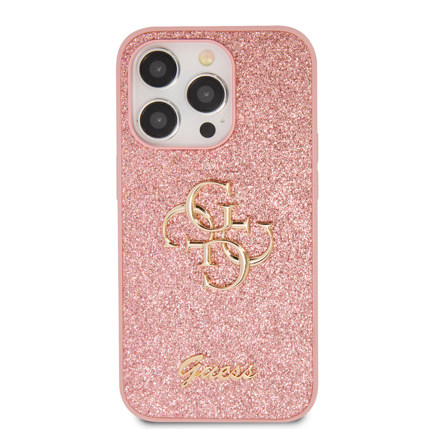 Zadní kryt Guess PU Fixed Glitter 4G Metal Logo pro Apple iPhone 15 Pro, růžová