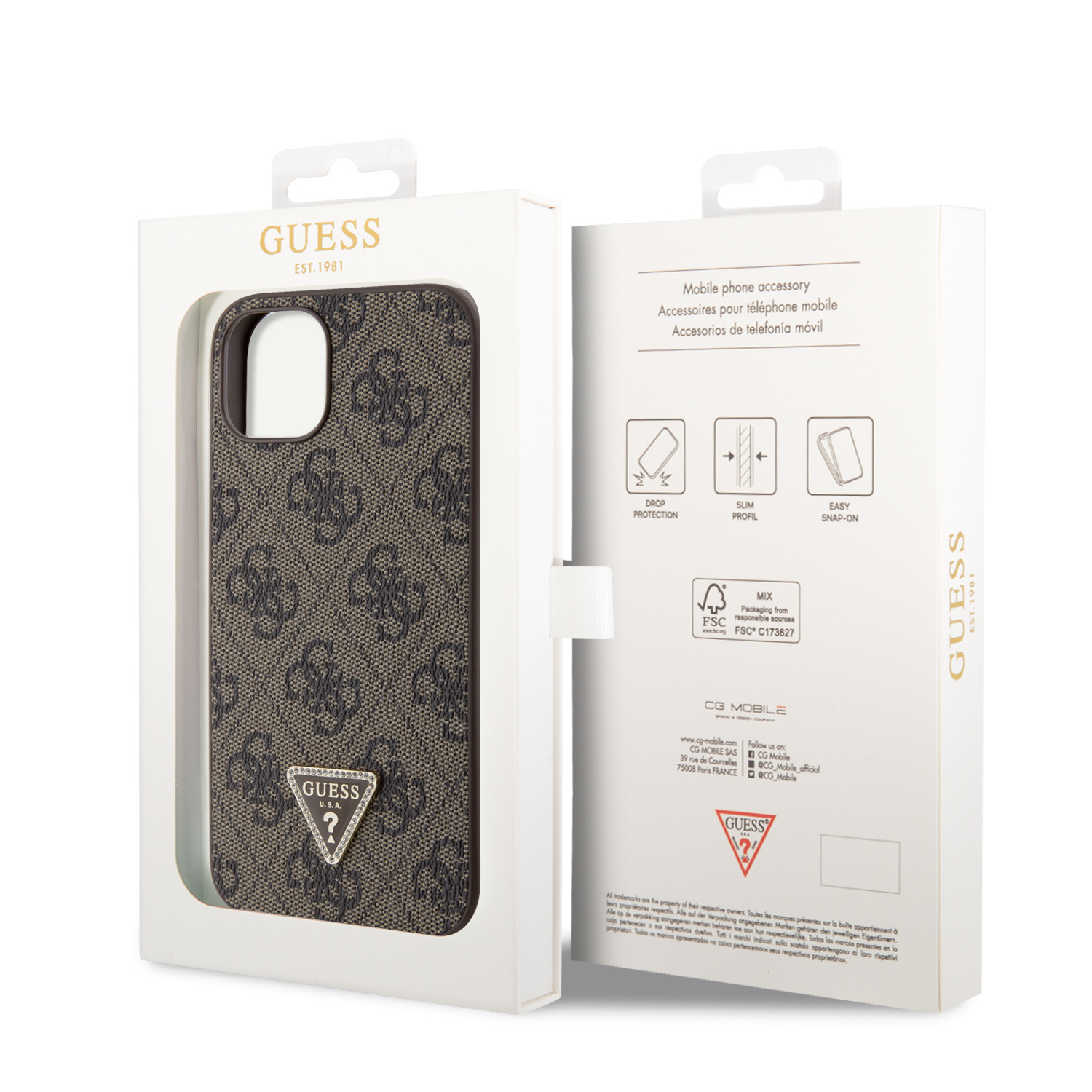 Guess PU 4G Strass Triangle Metal Logo Zadní Kryt pro iPhone 15 Brown