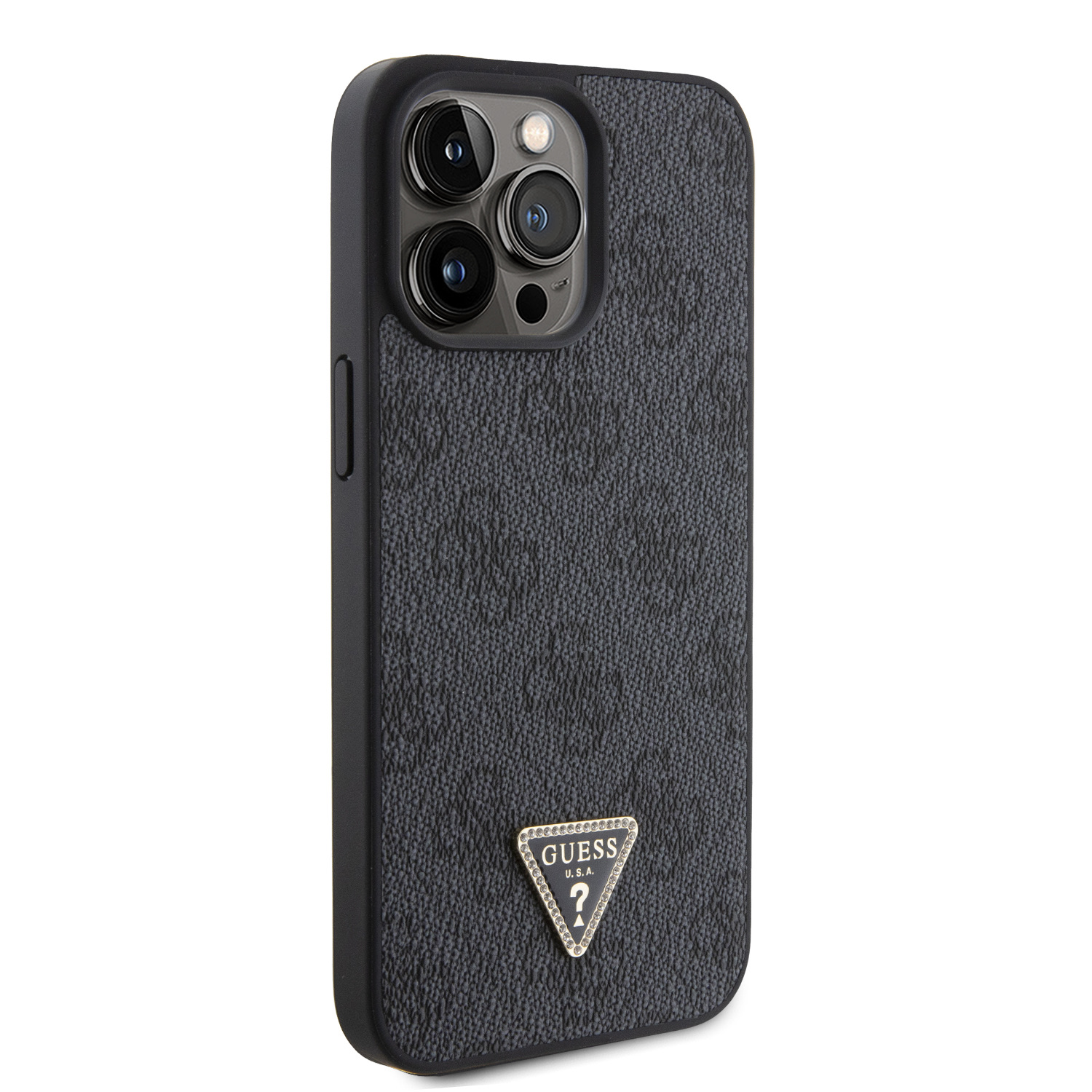 Levně Zadní kryt Guess PU 4G Strass Triangle Metal Logo pro Apple iPhone 15 Pro Max, black