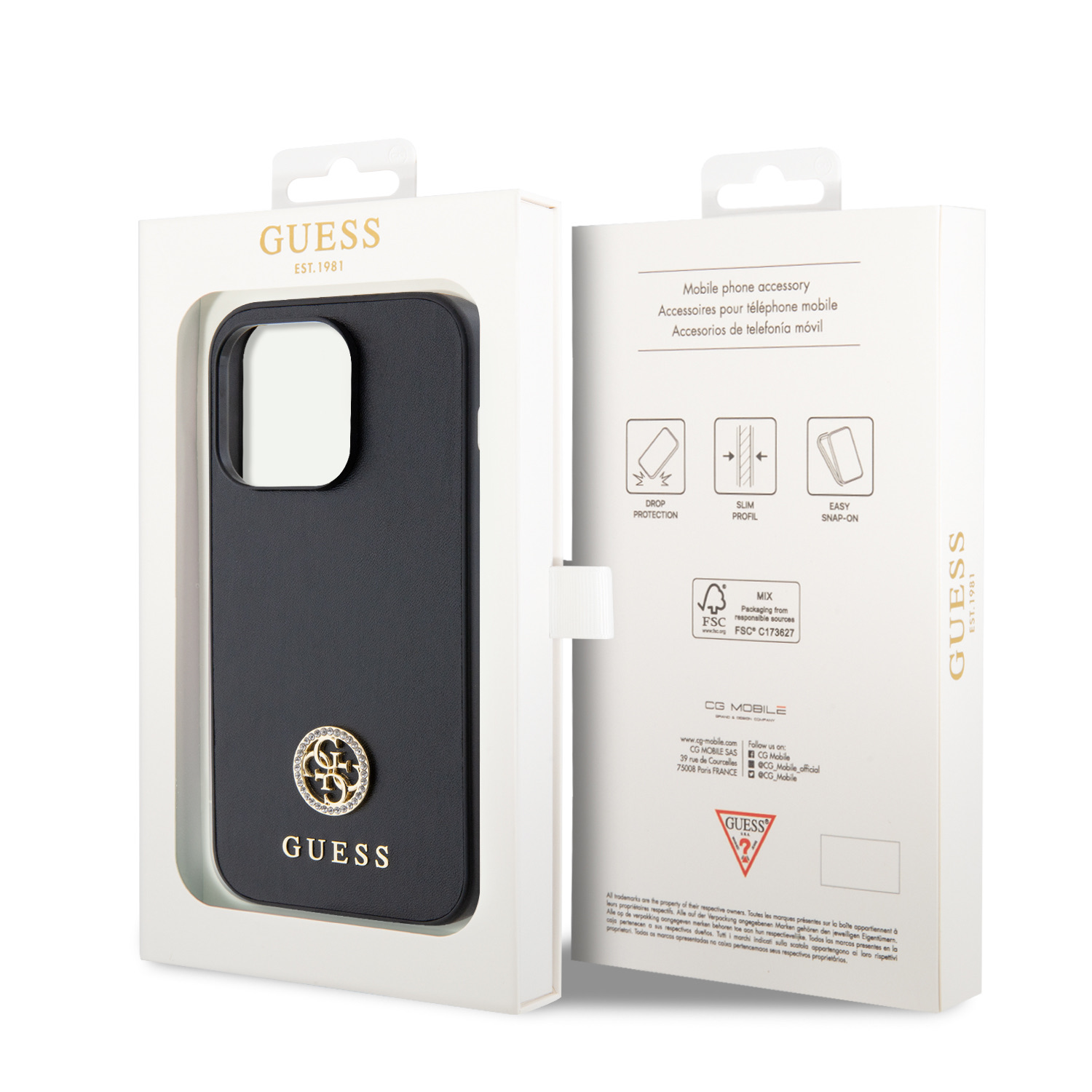 Guess PU 4G Strass Metal Logo Zadní Kryt pro iPhone 15 Pro Black