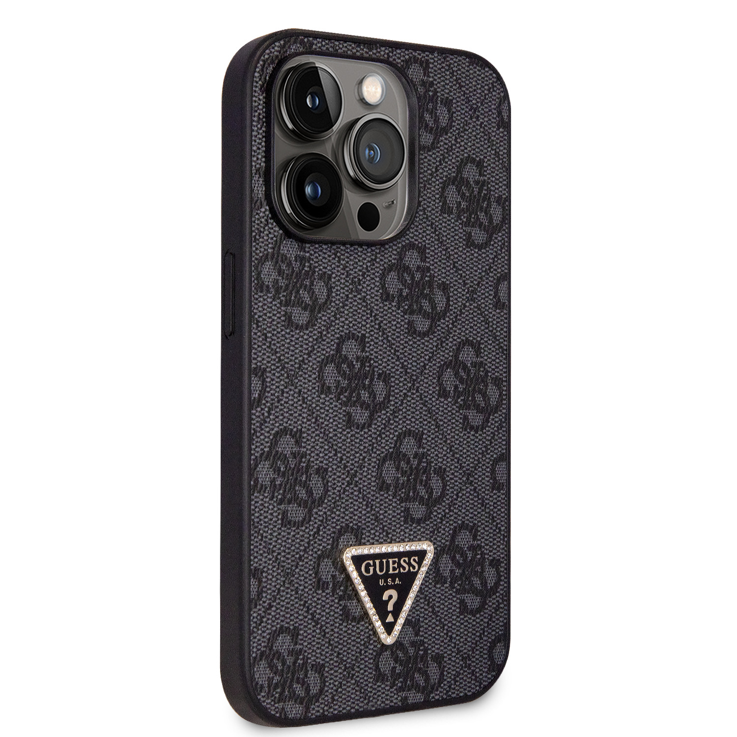 Guess PU 4G Strass Triangle Metal Logo Zadní Kryt + Crossbody Popruh pro iPhone 15 Pro Max Black