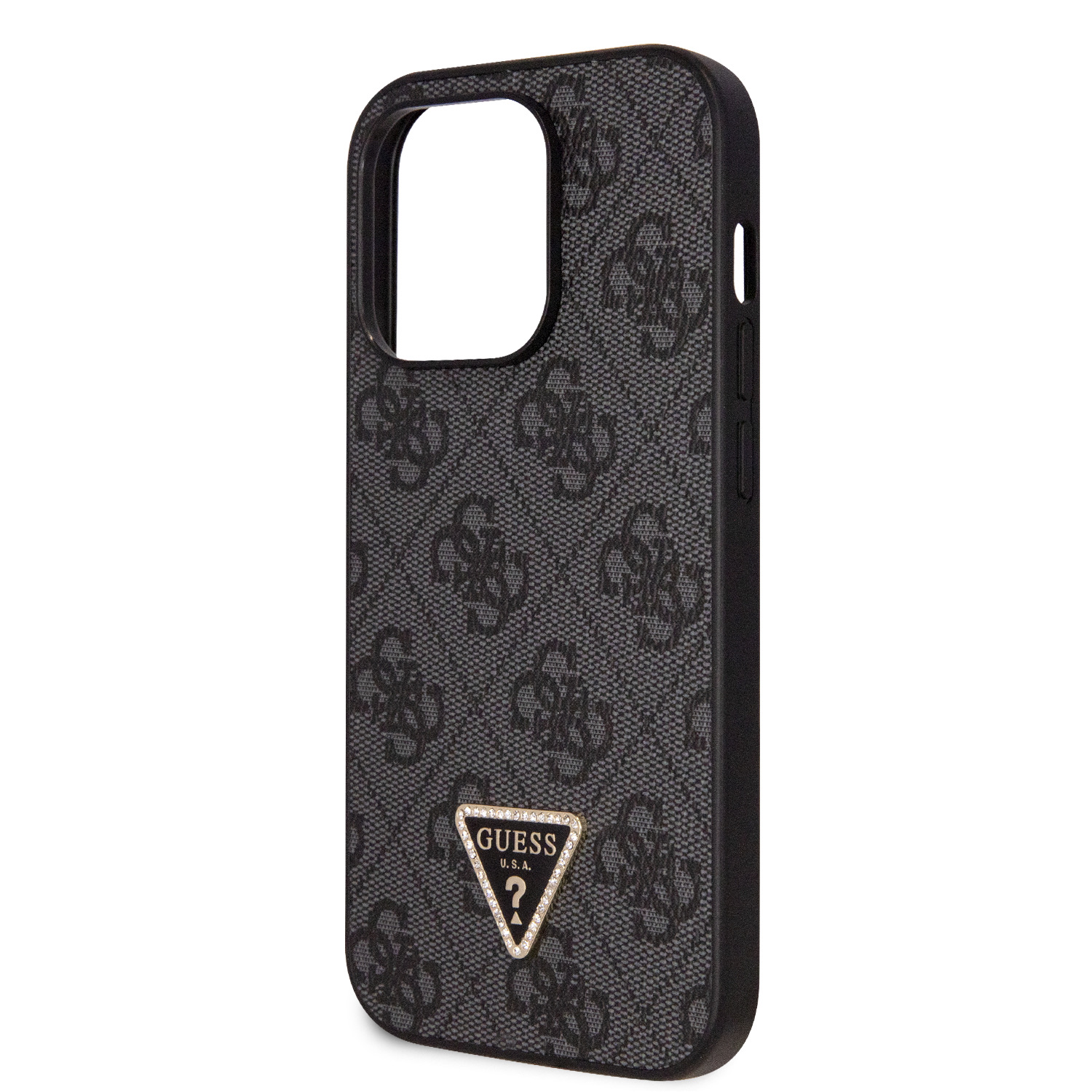 Guess PU 4G Strass Triangle Metal Logo Zadní Kryt + Crossbody Popruh pro iPhone 15 Pro Max Black