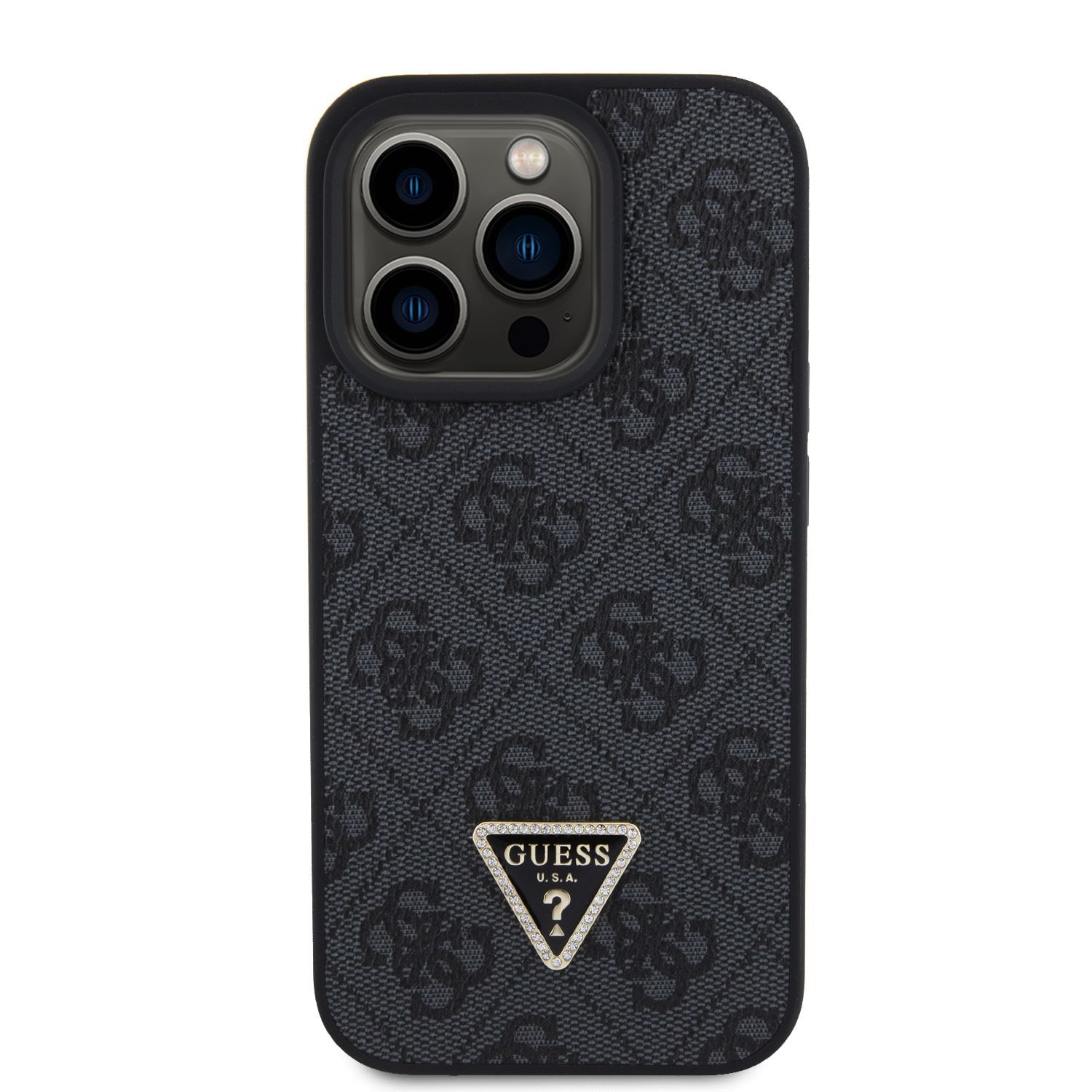 Levně Zadní kryt Guess PU 4G Strass Triangle Metal Logo + Crossbody popruh pro Apple iPhone 15 Pro, black
