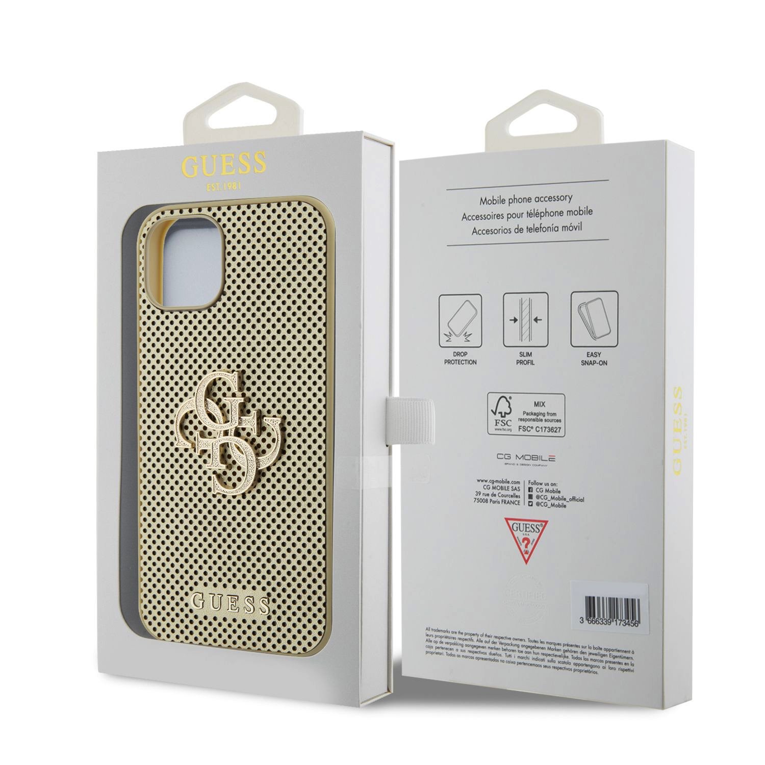 Guess PU Perforated 4G Glitter Metal Logo Zadní Kryt pro iPhone 15 Gold