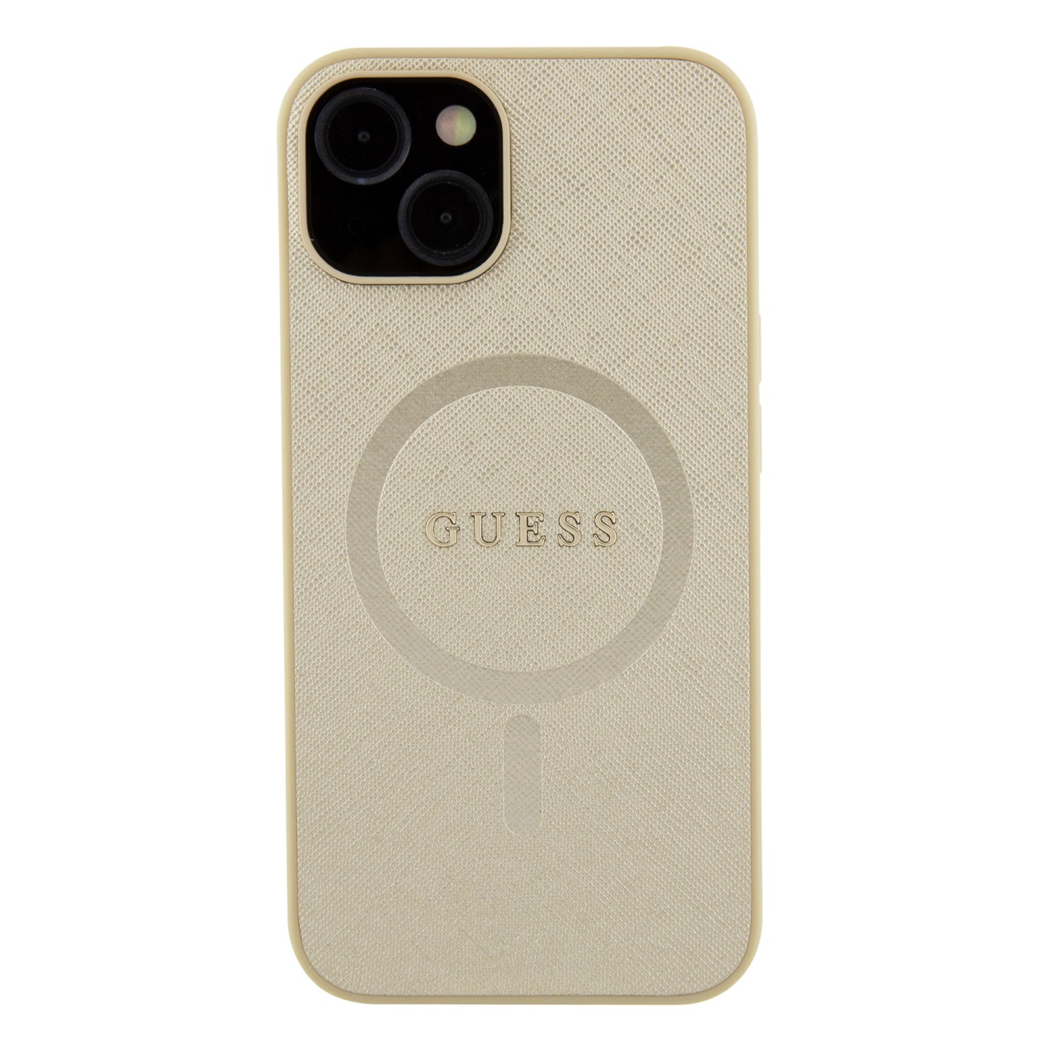 Ochranný kryt Guess PU Saffiano MagSafe pro Apple iPhone 15, béžová