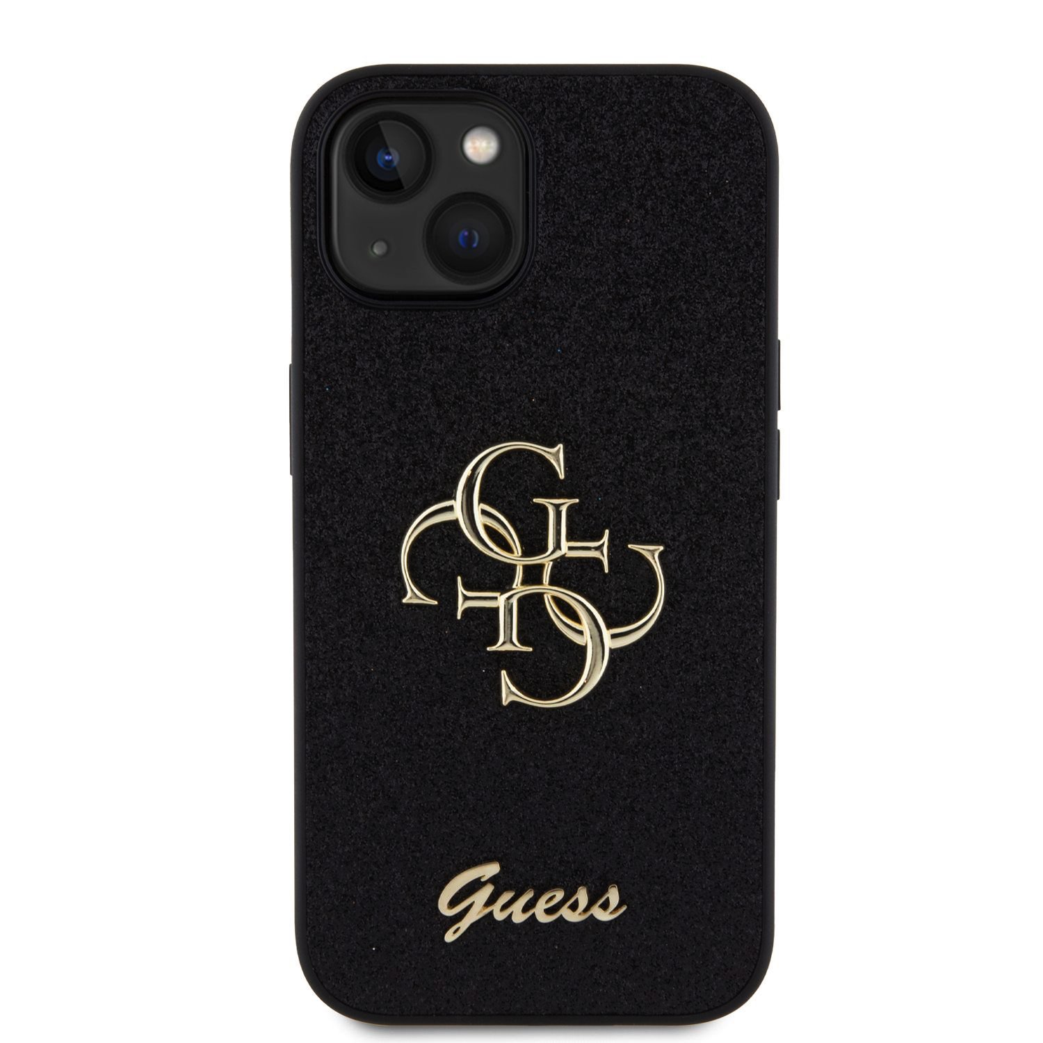 Guess PU Fixed Glitter 4G Metal Logo Zadní Kryt pro iPhone 15 Black